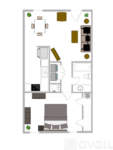 A floor plan of an apartment with a kitchen, living room, and two bedrooms.