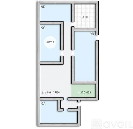 A floor plan shows a living area, a kitchen, and a bathroom.