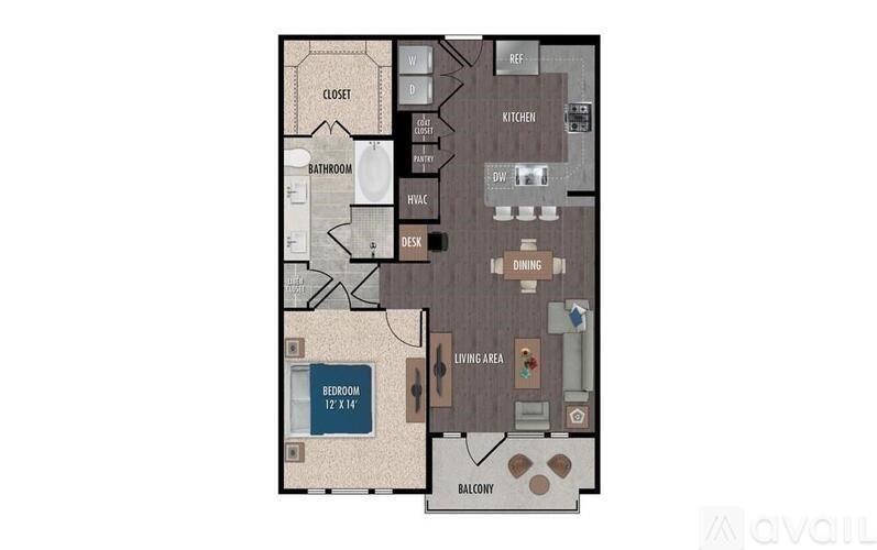 A floor plan of an apartment with a bedroom, living area, kitchen, and bathroom.