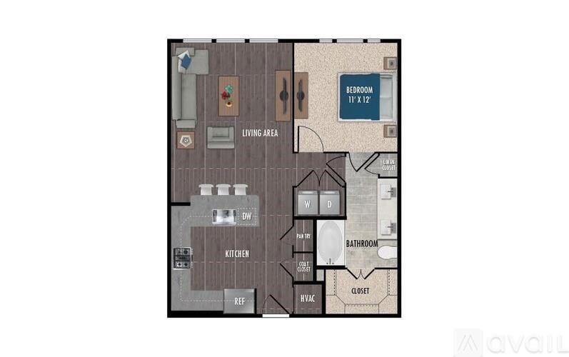 A floor plan of an apartment with a living area, kitchen, bathroom, bedroom, and closet.