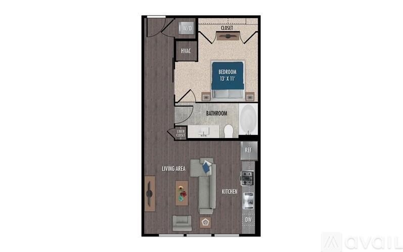 A floor plan of an apartment with a living area, kitchen, bathroom, and bedroom.