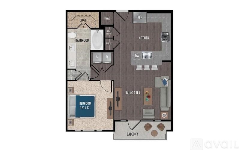 A floor plan of an apartment with a living area, kitchen, bathroom, and bedroom.