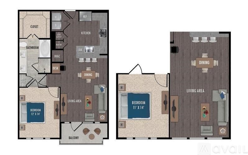 A floor plan of an apartment with a living area, bedroom, bathroom, kitchen, and dining room.