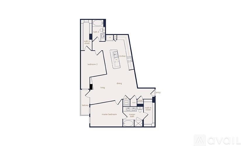 A floor plan of an apartment with a kitchen, living room, and two bedrooms.