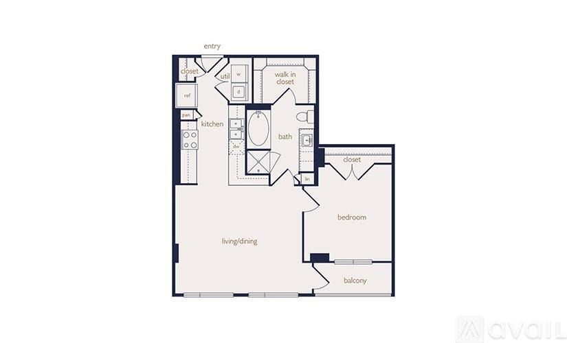 A floor plan of an apartment with a kitchen, living room, and bathroom.