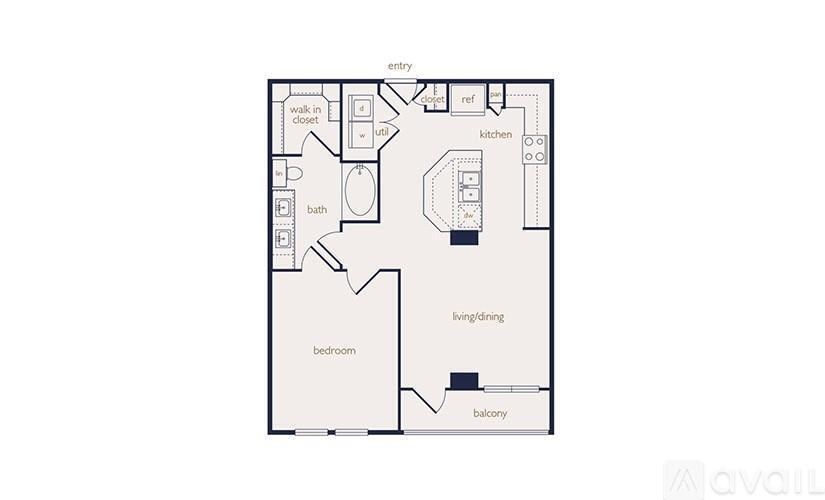 A floor plan of an apartment with a bedroom, living/dining area, kitchen, and bathroom.