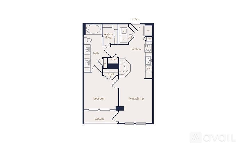 A floor plan of an apartment with a living area, kitchen, bathroom, and bedroom.