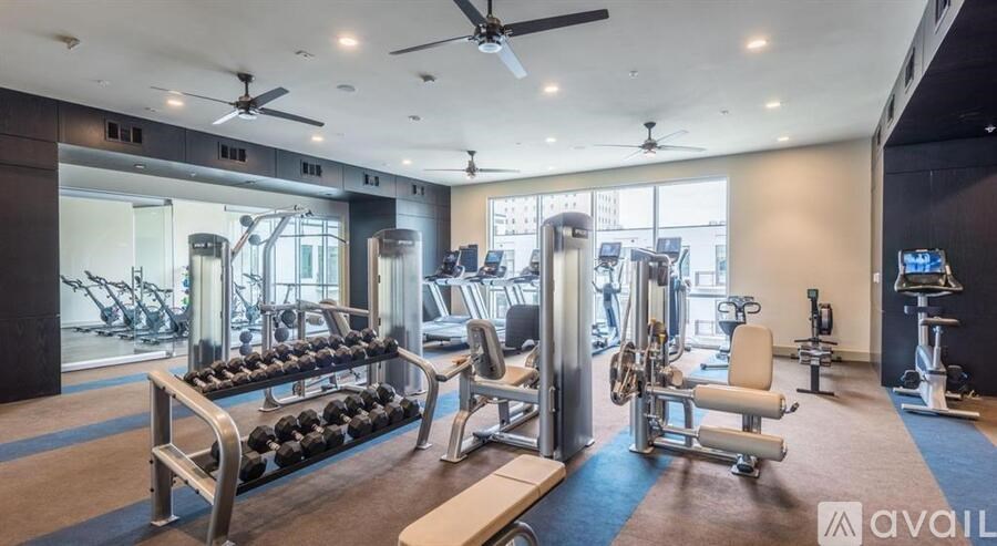 A gym with a variety of equipment including weights and machines.