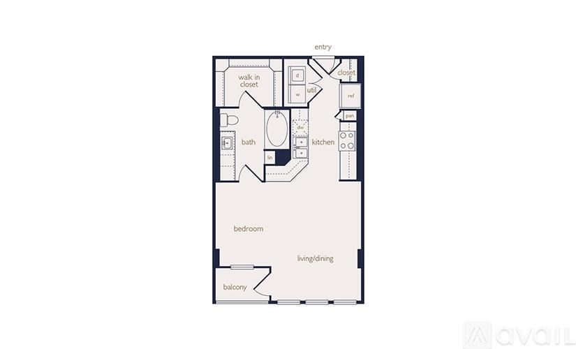 A floor plan of an apartment with a bedroom, living/dining area, kitchen, bath, and entry/closet.