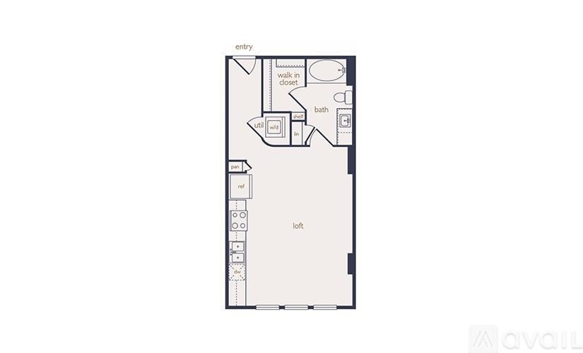 A floor plan of an apartment with a bathroom, kitchen, and living room.