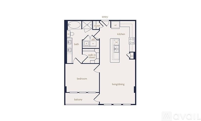 A floor plan of an apartment with a bedroom, bathroom, kitchen, and living/dining area.