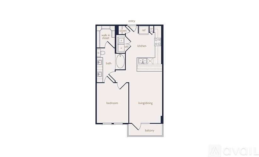 A floor plan of an apartment with a kitchen, bathroom, bedroom, and living room.