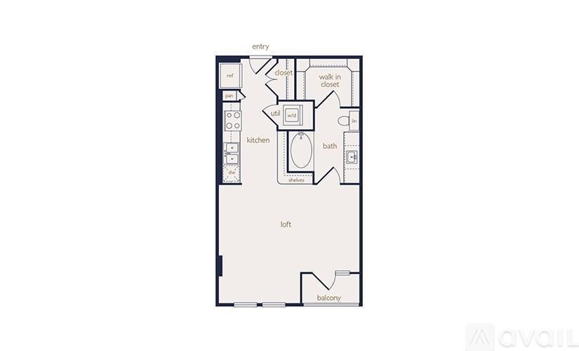A floor plan of an apartment with a kitchen, bathroom, and living room.