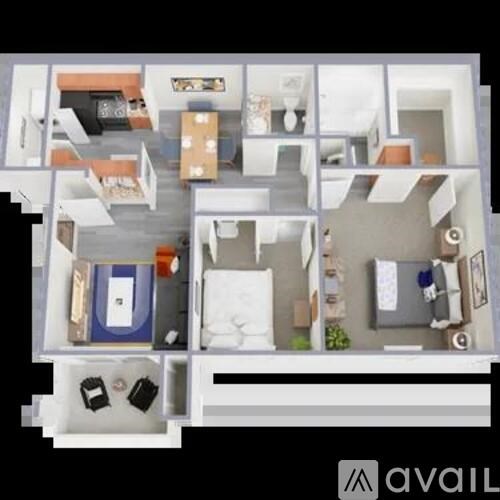 A 3D floor plan of a small apartment with a kitchen, living room, and bedroom.