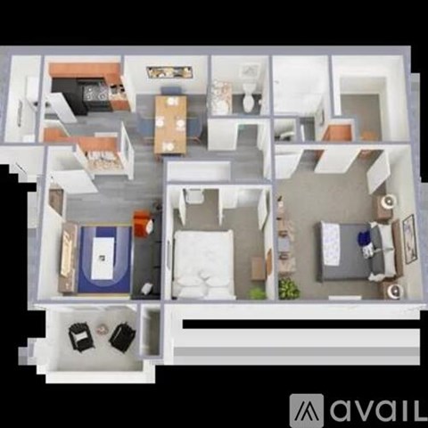 A 3D floor plan of a small apartment with a kitchen, living room, and bedroom.