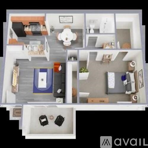A 3D floor plan of a house with a kitchen, living room, and bathroom.