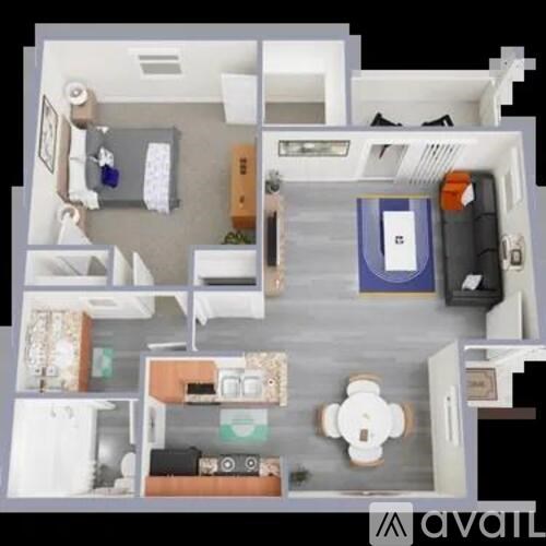 A 3D floor plan of a small apartment with a kitchen, living room, and bedroom.