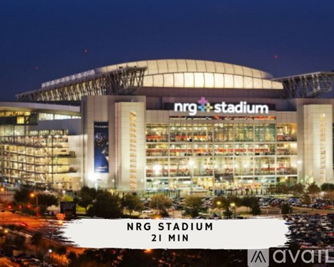 NRG Stadium is shown at night with the text "NRG Stadium 21 MIN" overlaid on the image.