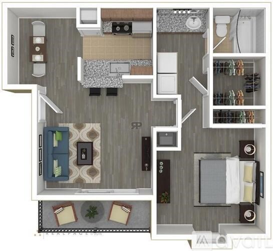 A floor plan of a small apartment with a kitchen, living room, and bathroom.