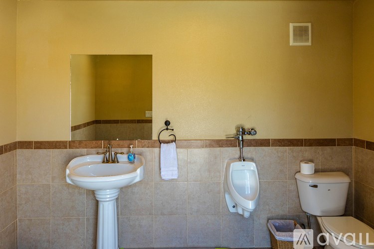 A bathroom with a sink, toilet, and urinal.