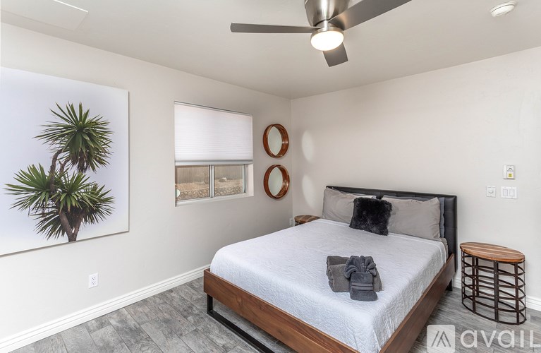 A bedroom with a bed, a ceiling fan, and a plant on the wall.