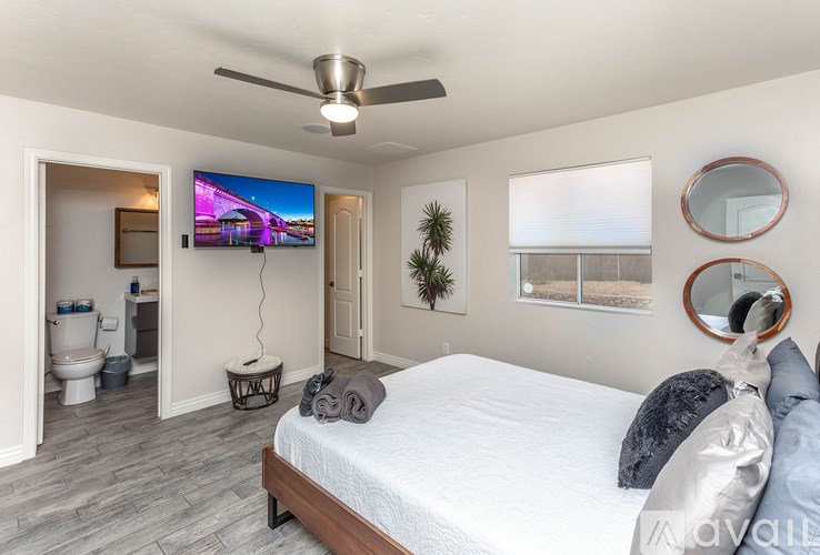 A bedroom with a bed, a ceiling fan, a television, and a mirror.