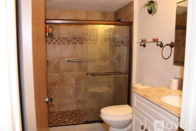 A bathroom with a tiled shower and a toilet.