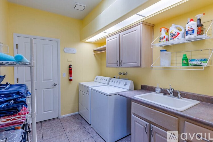 A laundry room with a washer and dryer, sink, and shelves with cleaning supplies.
