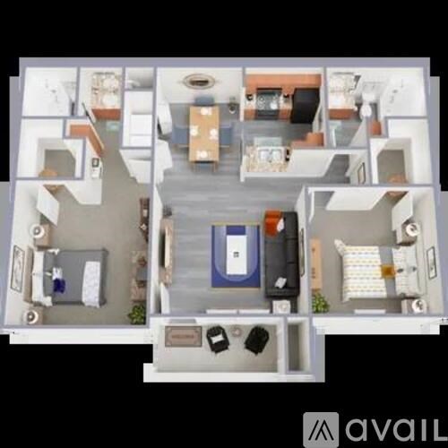 A floor plan of an apartment with a kitchen, living room, and two bedrooms.