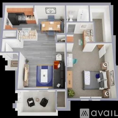 A 3D floor plan of a small apartment with a kitchen, living room, and bedroom.