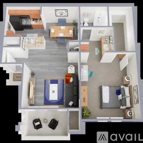 A 3D floor plan of a small apartment with a kitchen, living room, and bedroom.