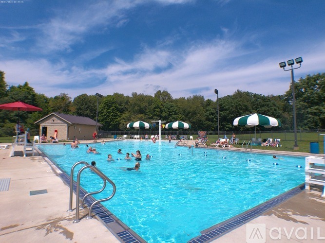 A group of people are swimming in a blue pool.
