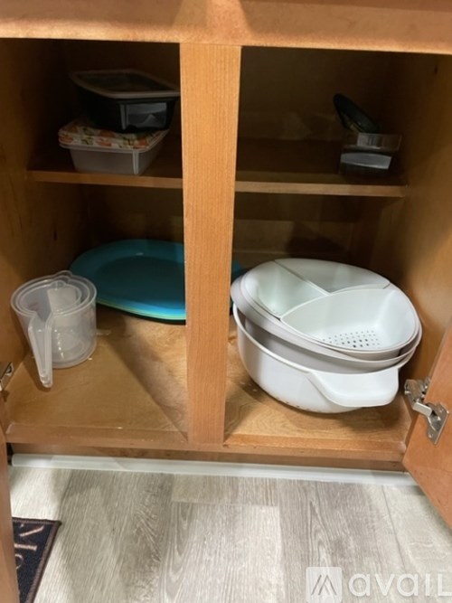 A kitchen cabinet with a white bowl and a blue plate.