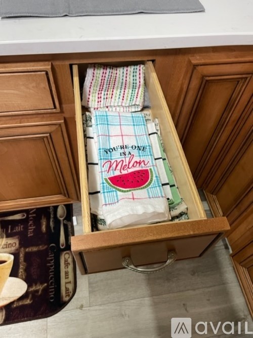 A drawer in a kitchen cabinet with a book titled "Caffe Latte" and a watermelon-themed mug liner.