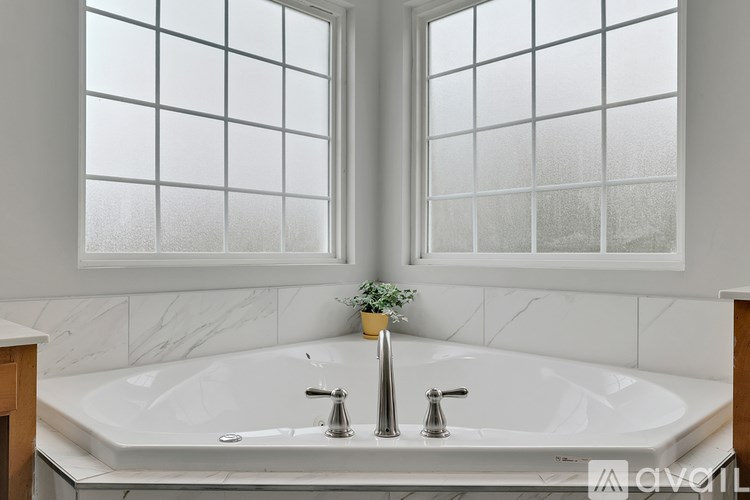 A white bathroom with a large tub and a small plant on the tub.