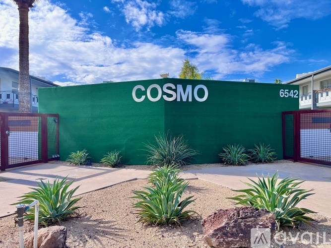 A green wall with the word "COSMO" on it.