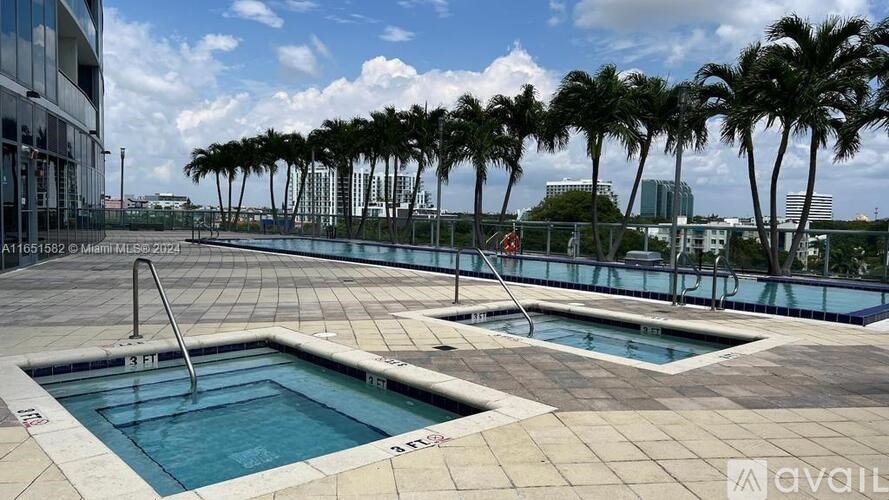 A pool surrounded by palm trees and a clear sky.