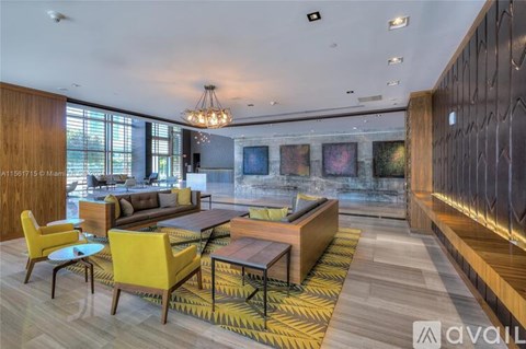 A modern living room with a yellow chair and a wooden coffee table.