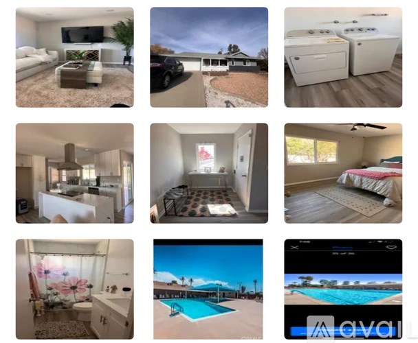 A collage of various rooms and outdoor scenes, including a living room, bedroom, and pool area.