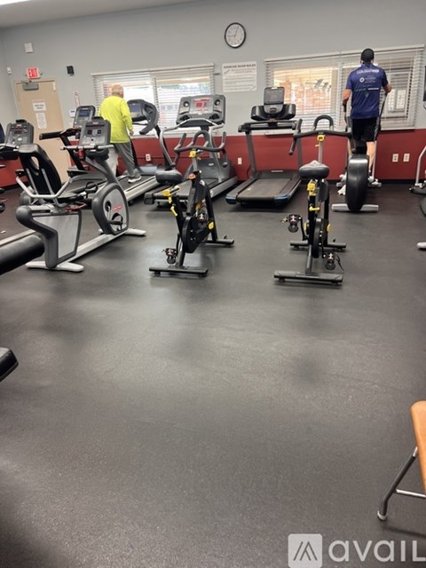 A gym with a variety of exercise equipment and two people working out.
