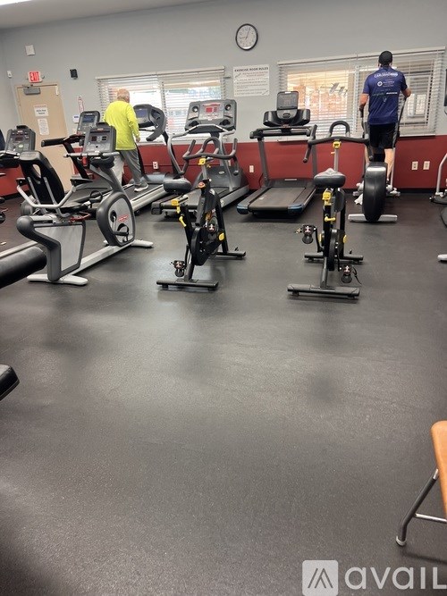 A gym with a variety of exercise equipment and two people working out.
