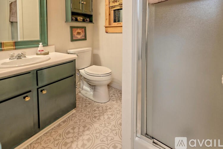 A bathroom with a toilet, sink, and a shower.