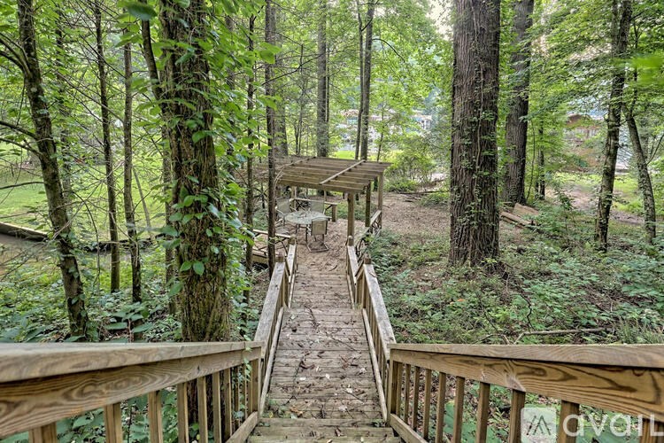 A wooden deck leads through a forest to a wooden pavilion.