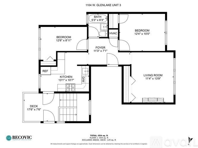 A floor plan of a three bedroom, two bathroom apartment.