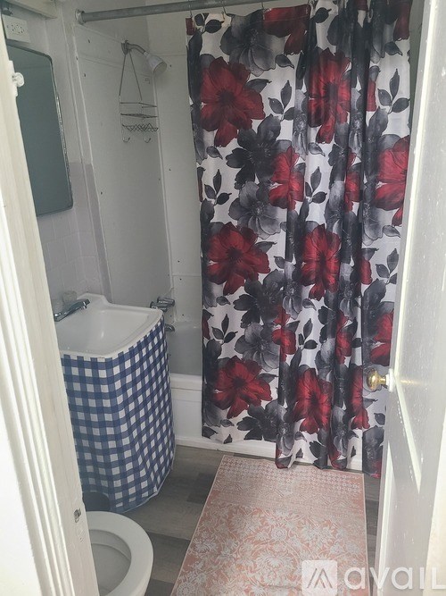 A bathroom with a floral shower curtain and a checkered laundry basket.