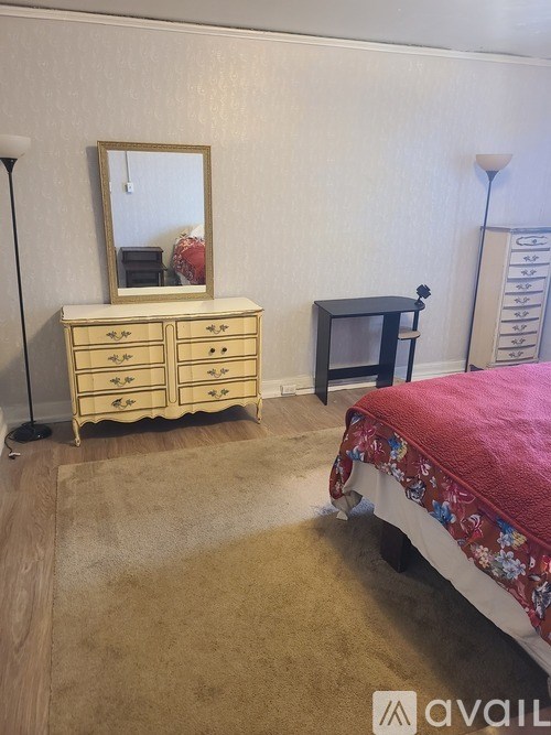 A bedroom with a bed, dresser, and mirror.