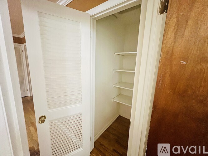 A white door with a gold handle is open to a small pantry with a wooden door on the other side.