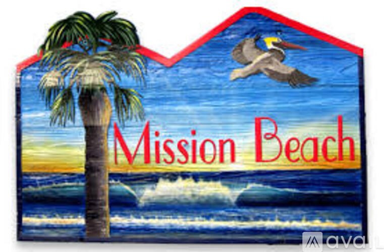 A painting of a beach with the words "Mission Beach" written on it.
