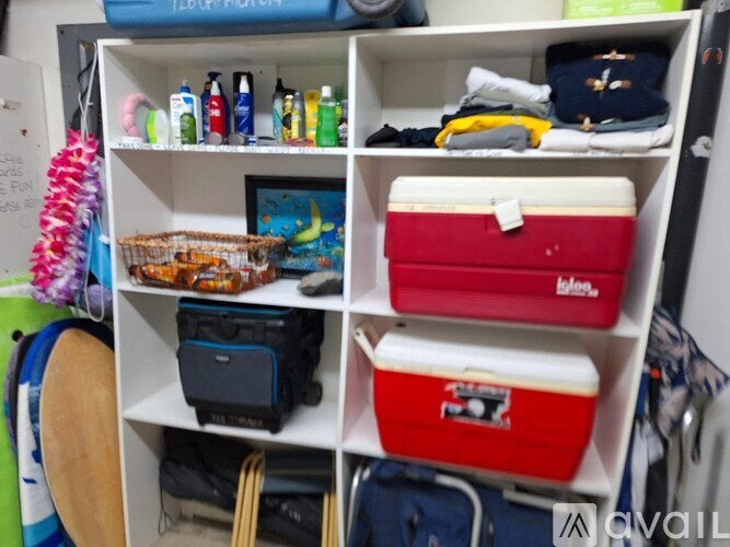 A white shelf with a variety of items including a red and white cooler, a black and blue cooler, and a basket with a blue object.