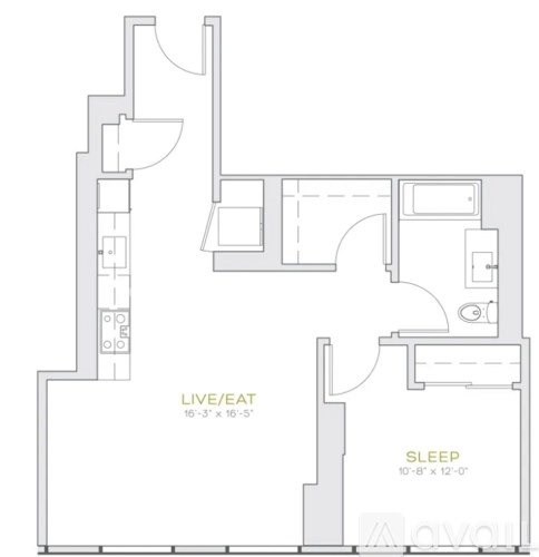 A floor plan of a small apartment with a sleeping area and a live/eat area.